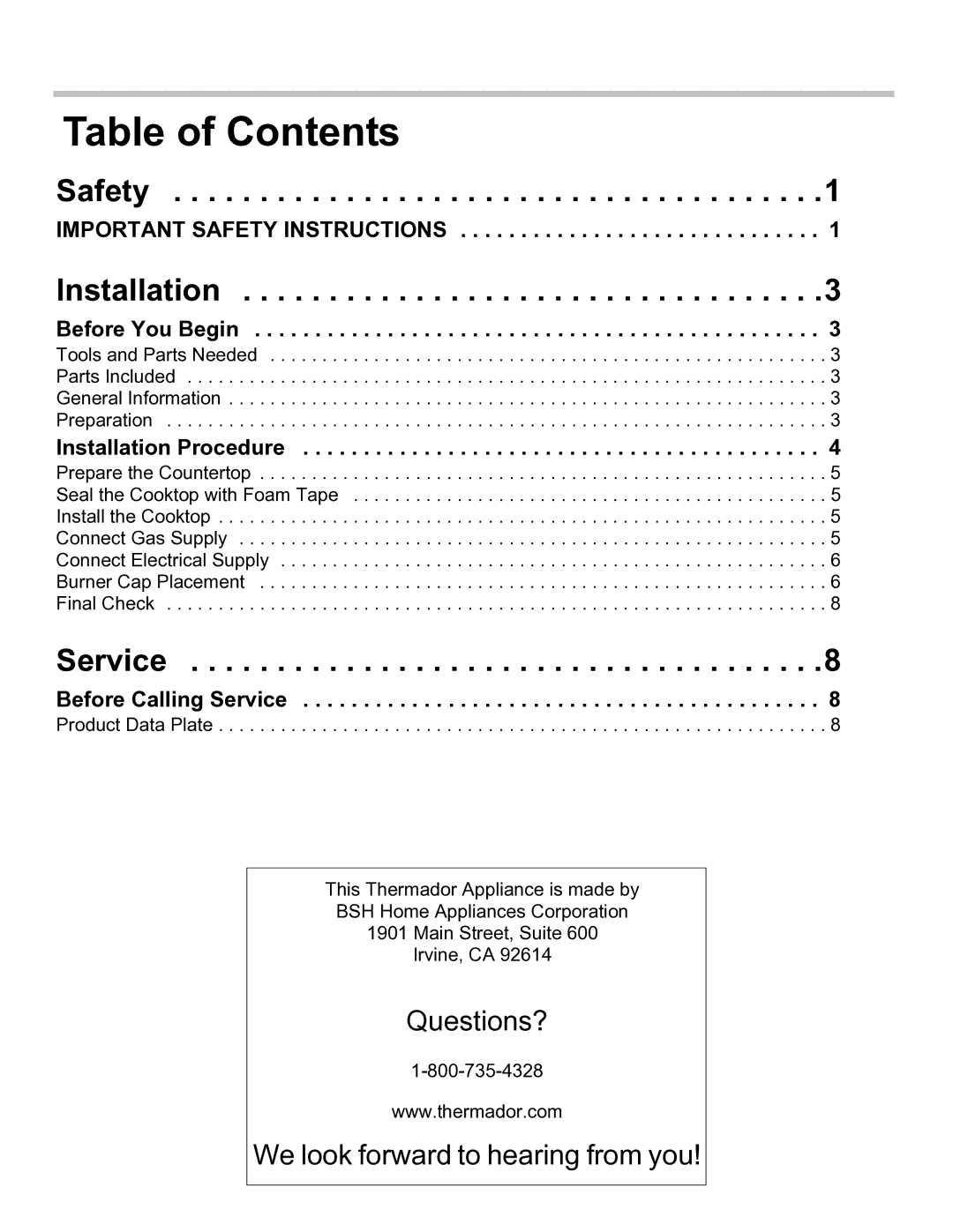 Thermador SGSL, SGSX installation manual Table of Contents 