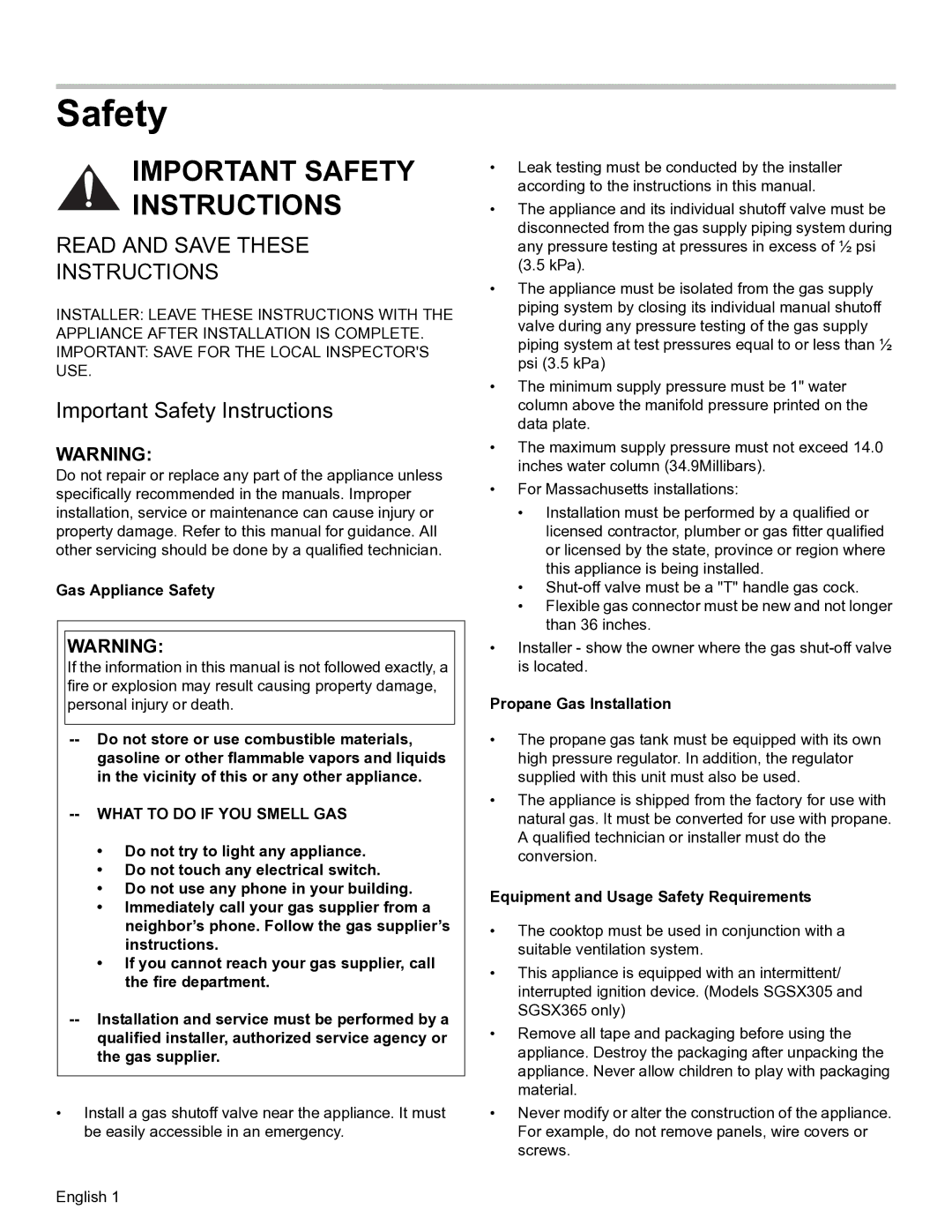 Thermador SGSL, SGSX installation manual Important Safety Instructions, Gas Appliance Safety, Propane Gas Installation 