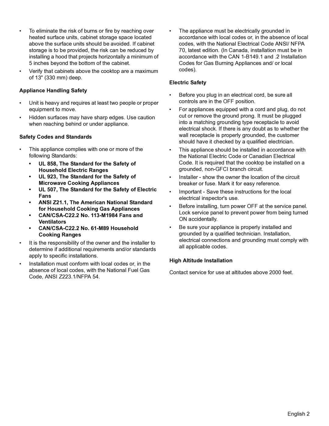 Thermador SGSX, SGSL Appliance Handling Safety, Safety Codes and Standards, Electric Safety, High Altitude Installation 