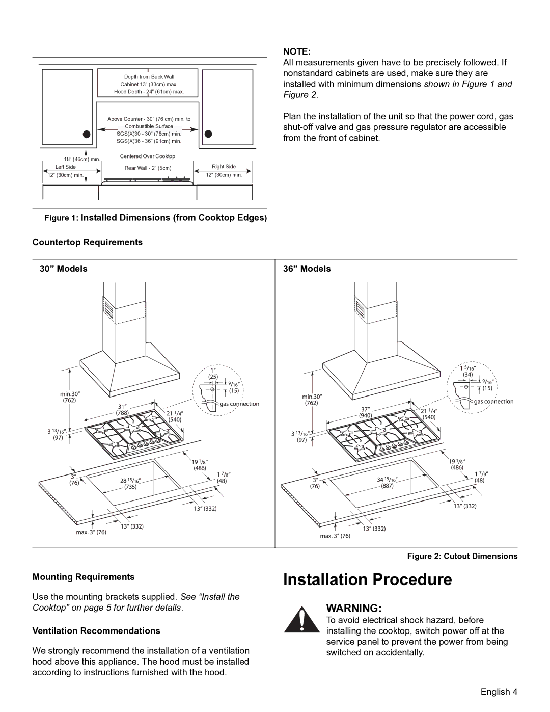 Thermador SGSL, SGSX installation manual Installation Procedure, Mounting Requirements, Ventilation Recommendations 