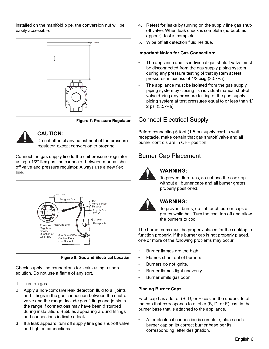 Thermador SGS Connect Electrical Supply, Burner Cap Placement, Important Notes for Gas Connection, Placing Burner Caps 