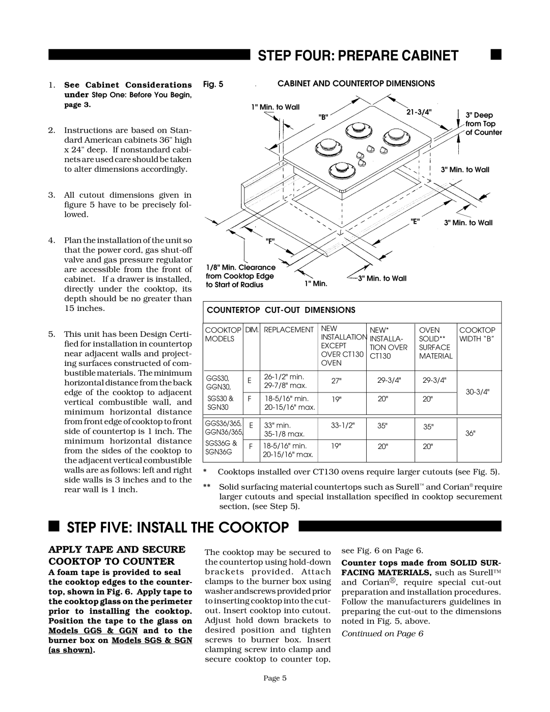 Thermador GGN36, SGS36G, SGS30 Step Four Prepare Cabinet, Step Five Install the Cooktop, Cabinet and Countertop Dimensions 