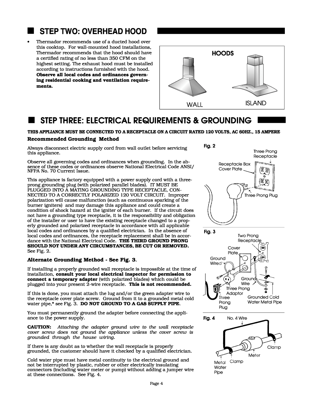 Thermador GGS36, SGS36G, SGS30 Step Two Overhead Hood, Step Three Electrical Requirements & Grounding, Hoods, Wall, Island 