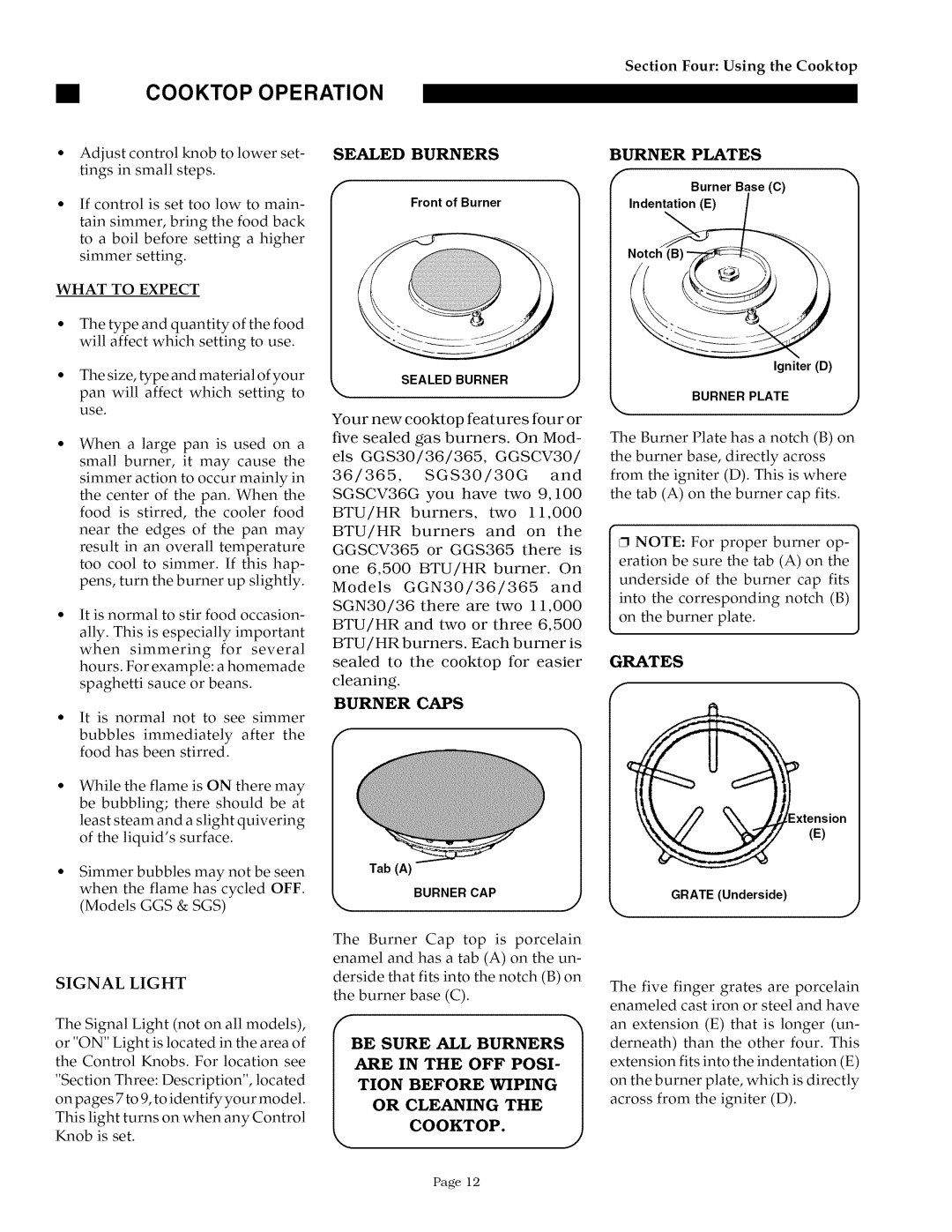 Thermador GGSCV30/36/365, SGSCV36G, SGS30/36G, GGS30/36/365 owner manual Burner Plates, Grates, Signal Light 