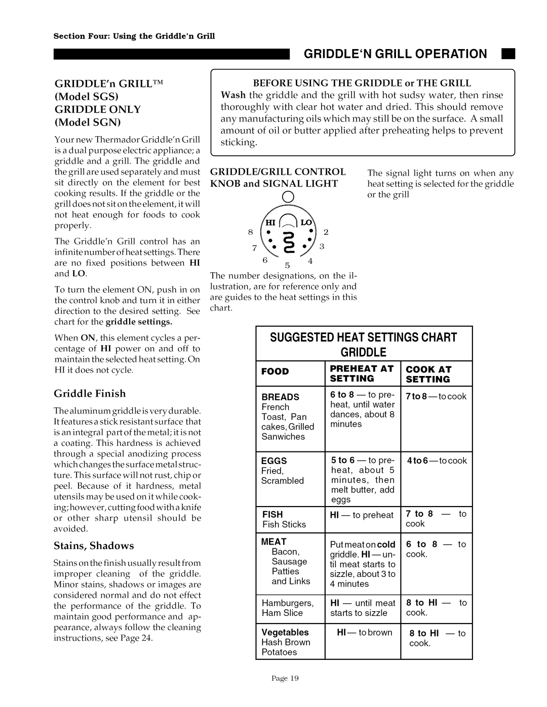 Thermador SGS30/36G, SGSCV36G, GGSCV30/36/365 Griddlen Grill Operation, Suggestedheat Settingschart Griddle, Griddle only 