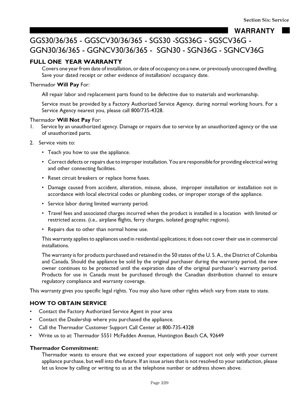 Thermador GGS30/36/365, SGSCV36G, SGS30/36G Warranty, Section Six Service, HOW to Obtain Service, Thermador Commitment 