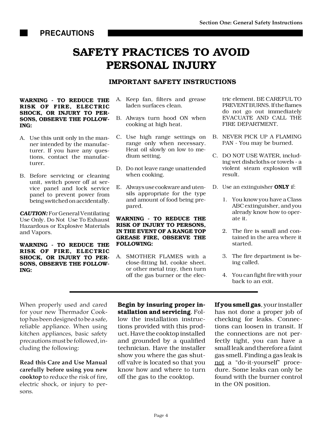 Thermador GGSCV30/36/365, SGSCV36G, SGS30/36G, GGS30/36/365 owner manual Safety Practices to Avoid Personal Injury 