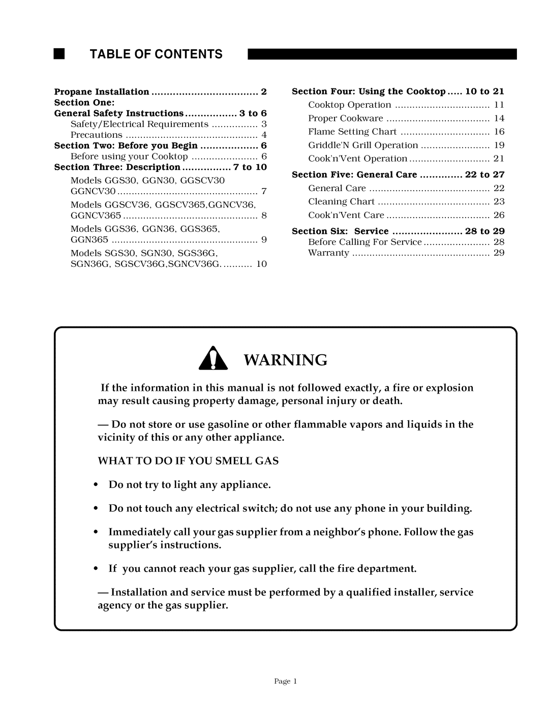 Thermador GGS30/36/365, SGSCV36G, SGS30/36G, GGSCV30/36/365 owner manual Table of Contents 