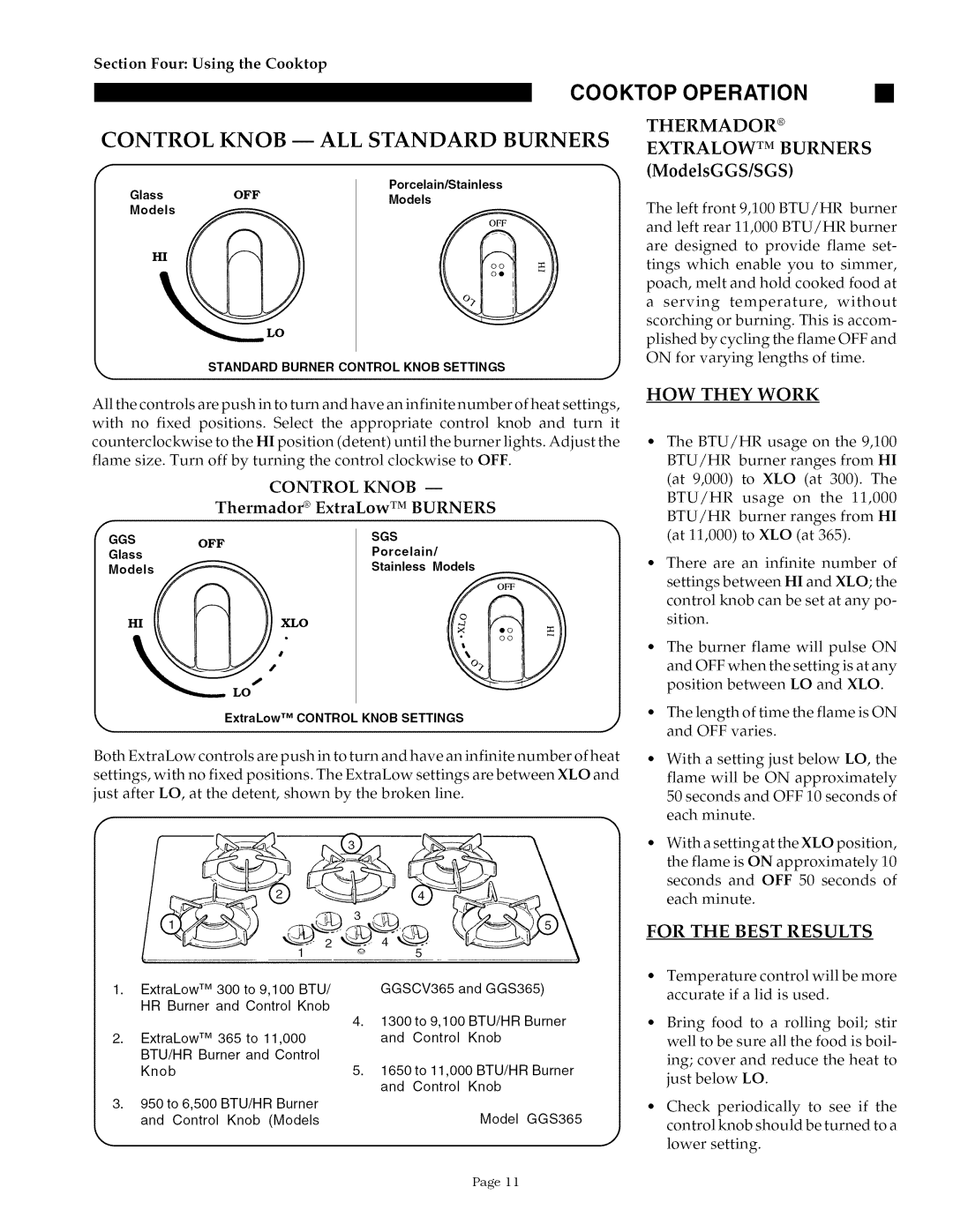 Thermador SGS30/36G, SGSCV36G, GGSCV30/36/365, GGS30/36/365 owner manual Control Knob m ALL Standard Burners 