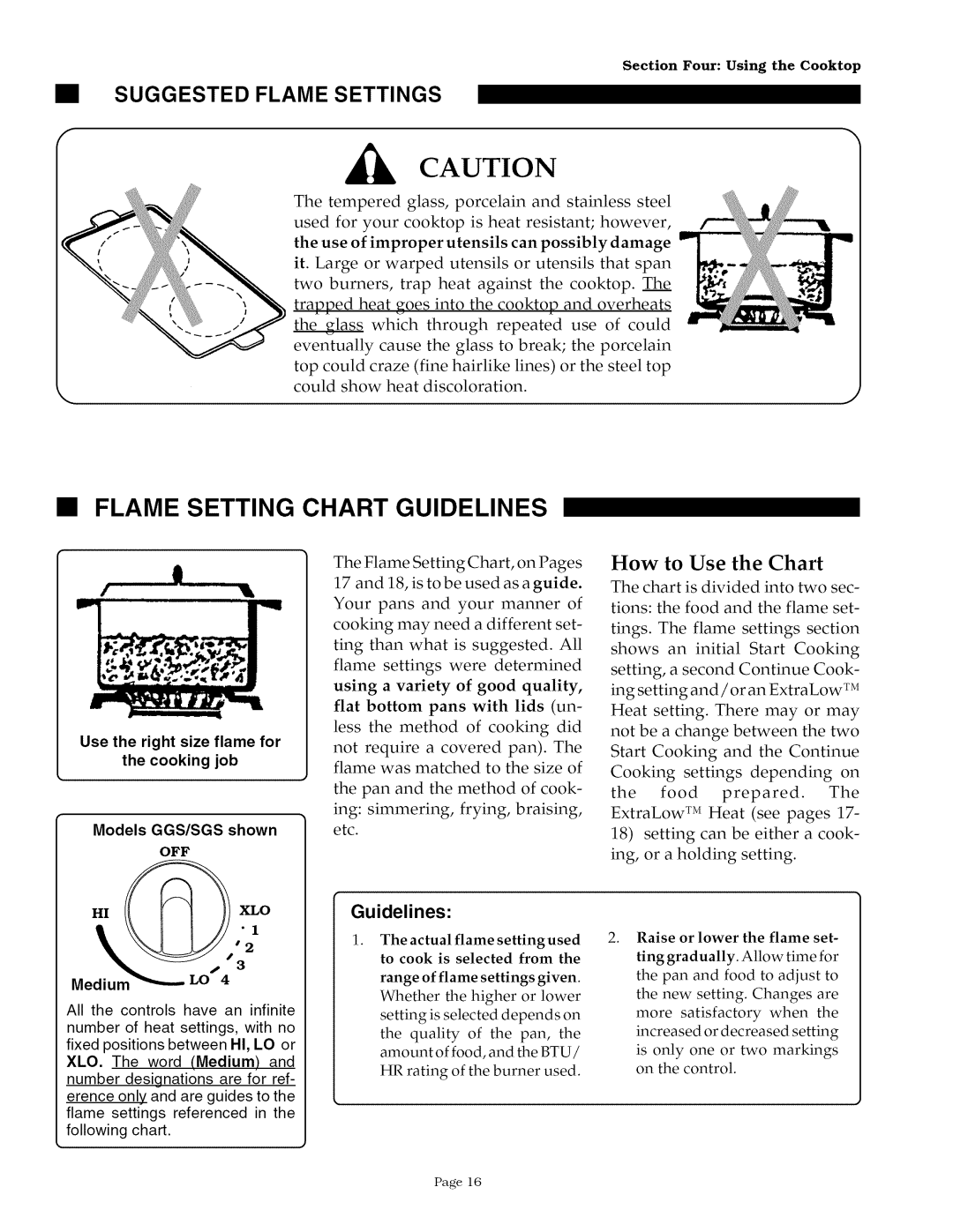 Thermador GGSCV30/36/365, SGSCV36G, SGS30/36G, GGS30/36/365 owner manual Flame Setting Chart Guidelines 