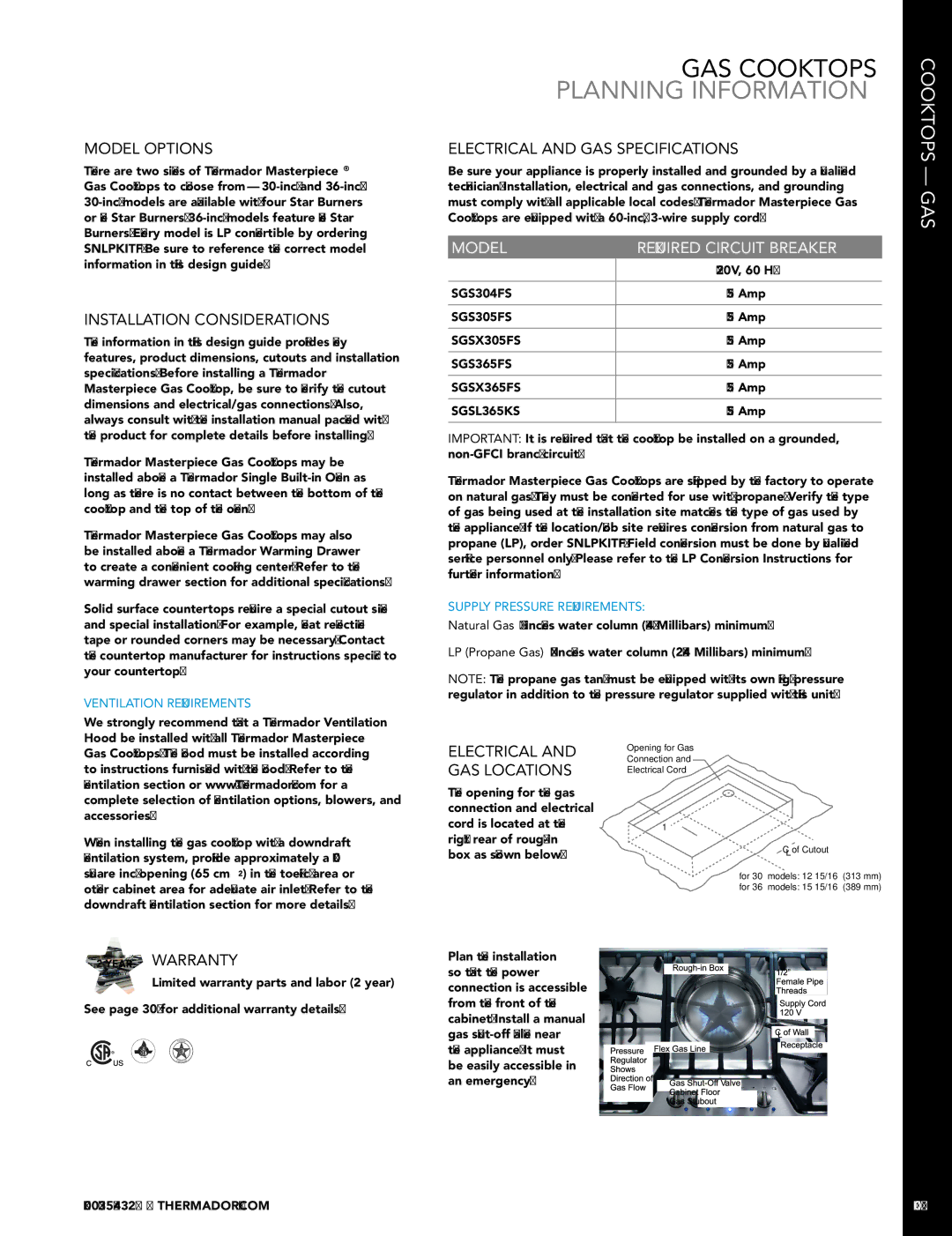 Thermador HDDW36FS, SGSX365FS manual Model Options, Installation Considerations, Electrical and GAS Specifications, Warranty 