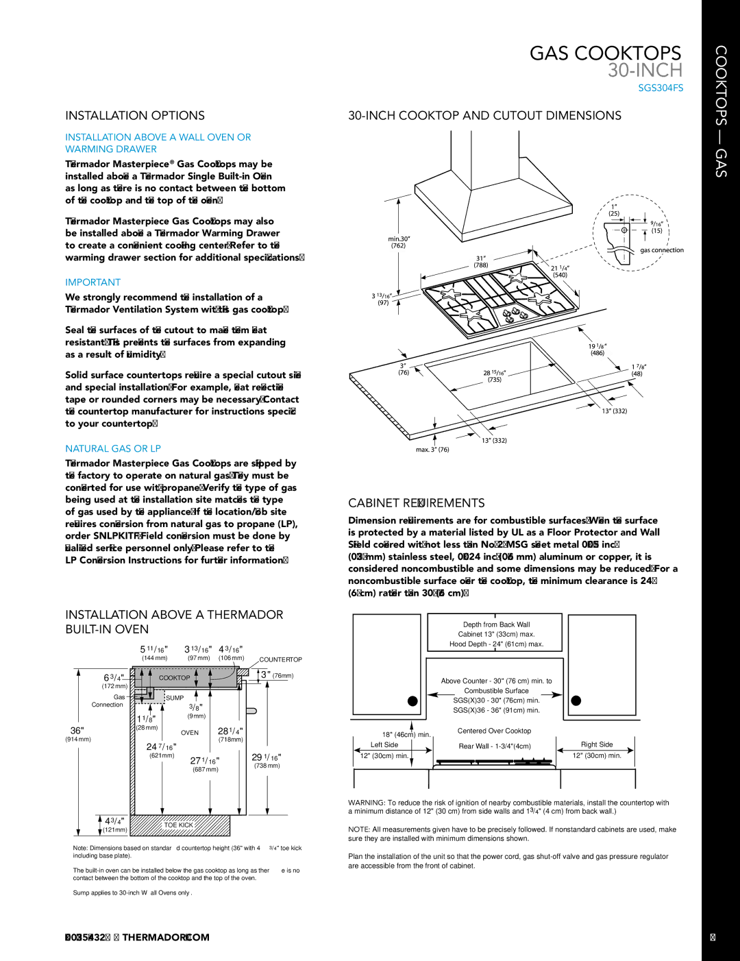 Thermador SGSX365FS, HDDW36FS, MED301JS manual Installation Options, Inch Cooktop and Cutout Dimensions Cabinet Requirements 