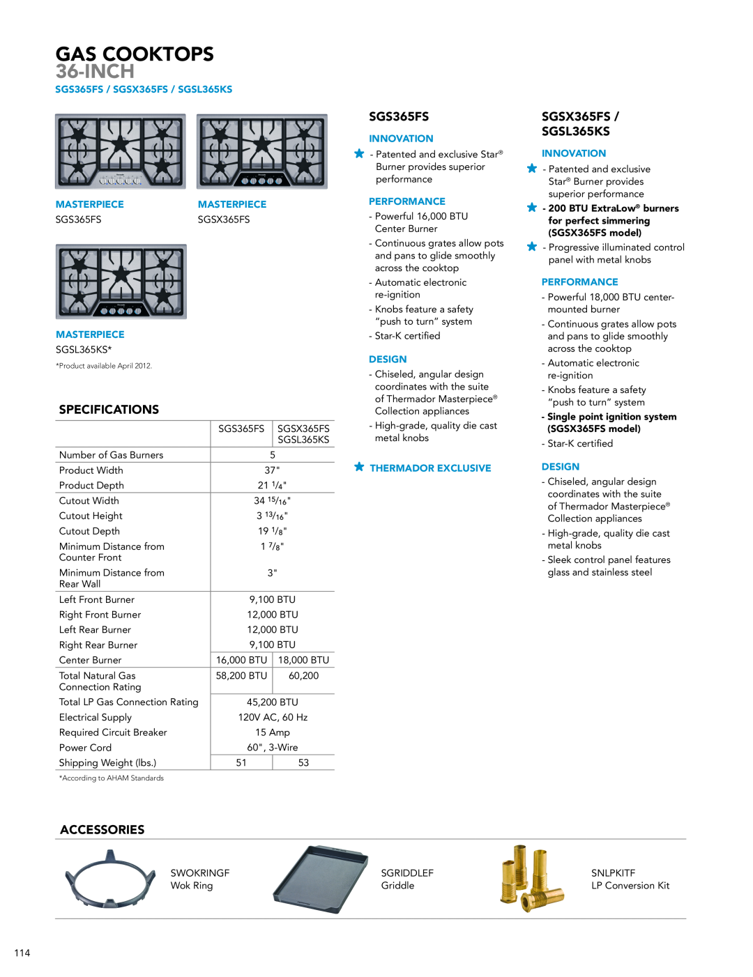 Thermador GAS COOKTOPS 36-Inch, SGS365FS, SGSX365FS SGSL365KS, Specifications, Accessories, Innovation, Performance 
