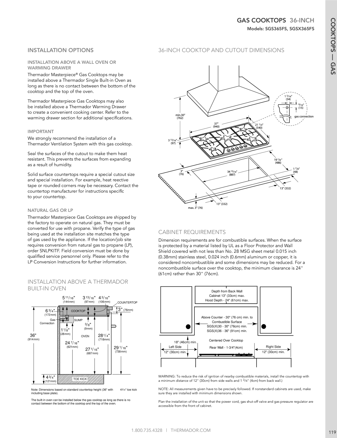 Thermador SGSX365FS manual Cooktops gAS, THERMADOR.COM 119 