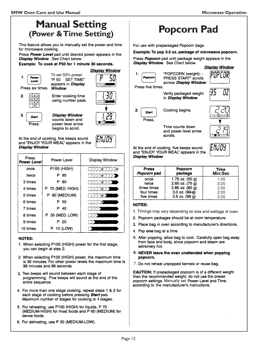 Thermador SMW272 manual Manual Setting, Popcorn Pad 