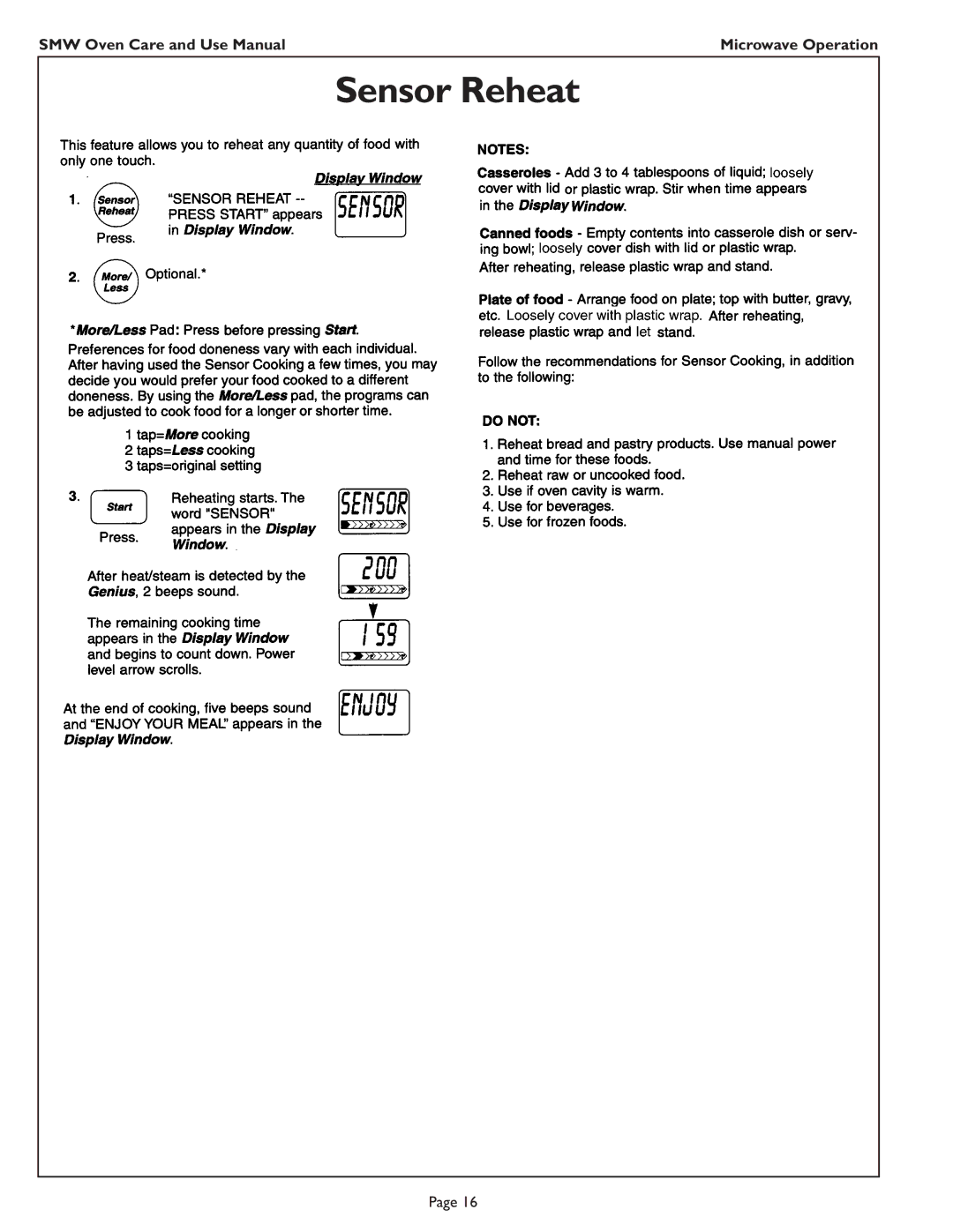 Thermador SMW272 manual Sensor Reheat 