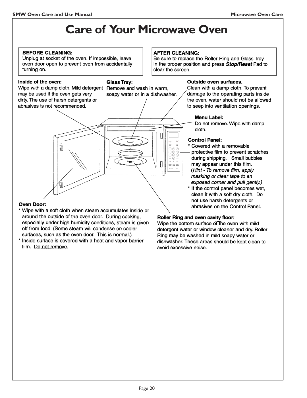 Thermador SMW272 manual Care of Your Microwave Oven 