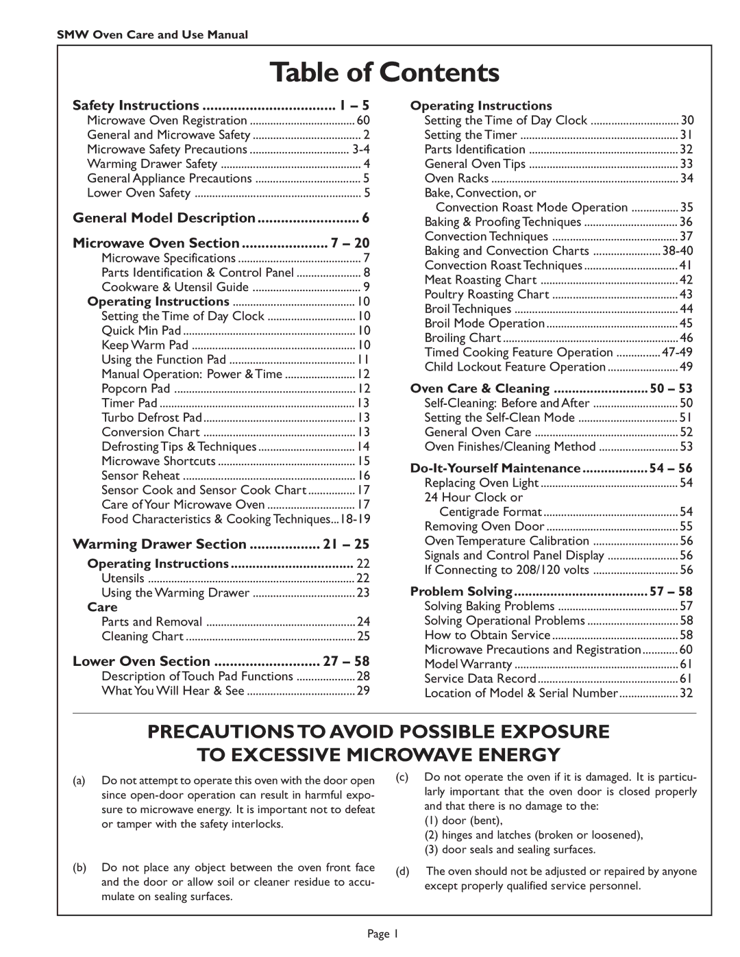 Thermador SMW272 manual Table of Contents 