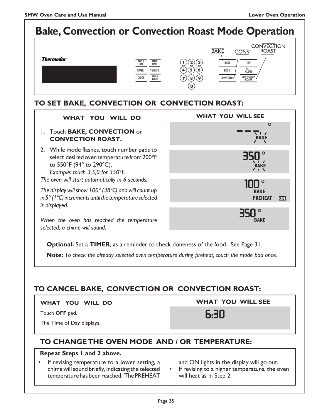 Thermador SMW272 manual To SET BAKE, Convection or Convection Roast, To Cancel BAKE, Convection or Convection Roast 