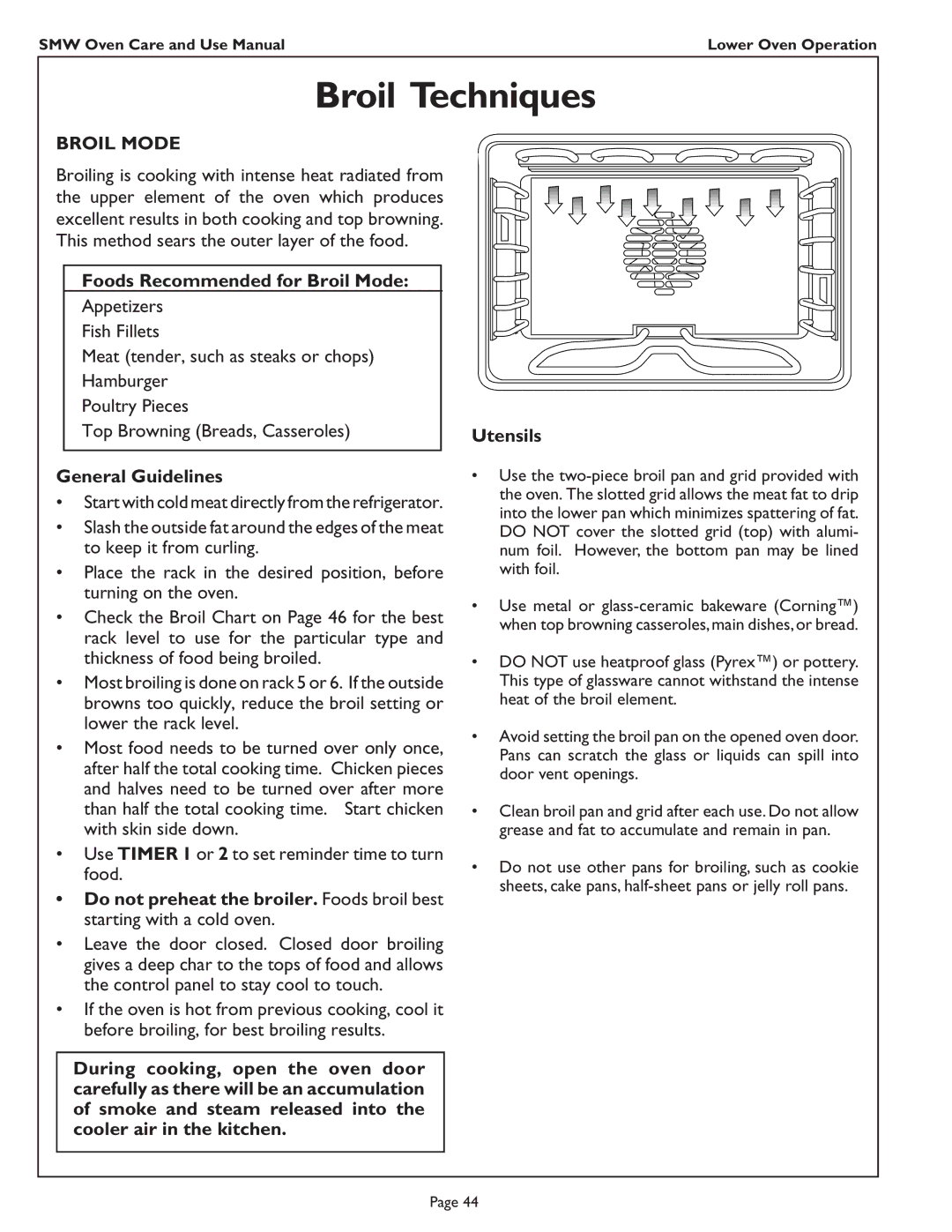 Thermador SMW272 manual Broil Techniques, Foods Recommended for Broil Mode, Utensils 