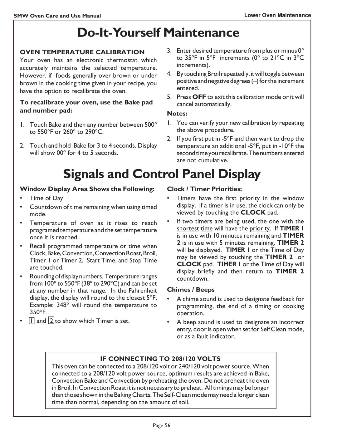 Thermador SMW272 manual Signals and Control Panel Display, Oven Temperature Calibration, If Connecting to 208/120 Volts 