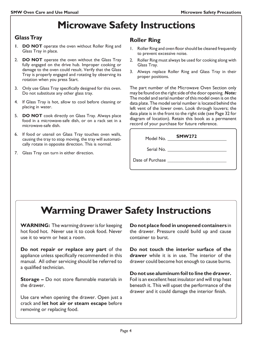 Thermador SMW272 manual Microwave Safety Instructions, Warming Drawer Safety Instructions 