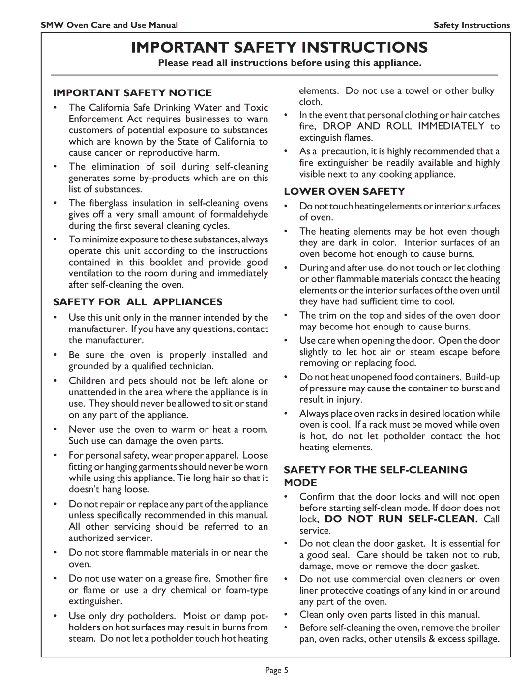 Thermador SMW272 Please read all instructions before using this appliance, Important Safety Notice, Lower Oven Safety 