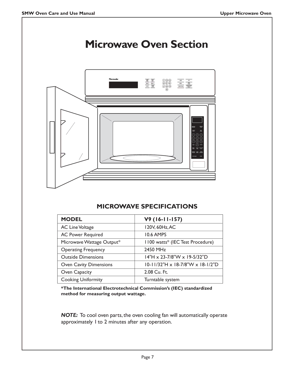 Thermador SMW272 manual Microwave Oven Section, Microwave Specifications, Model 