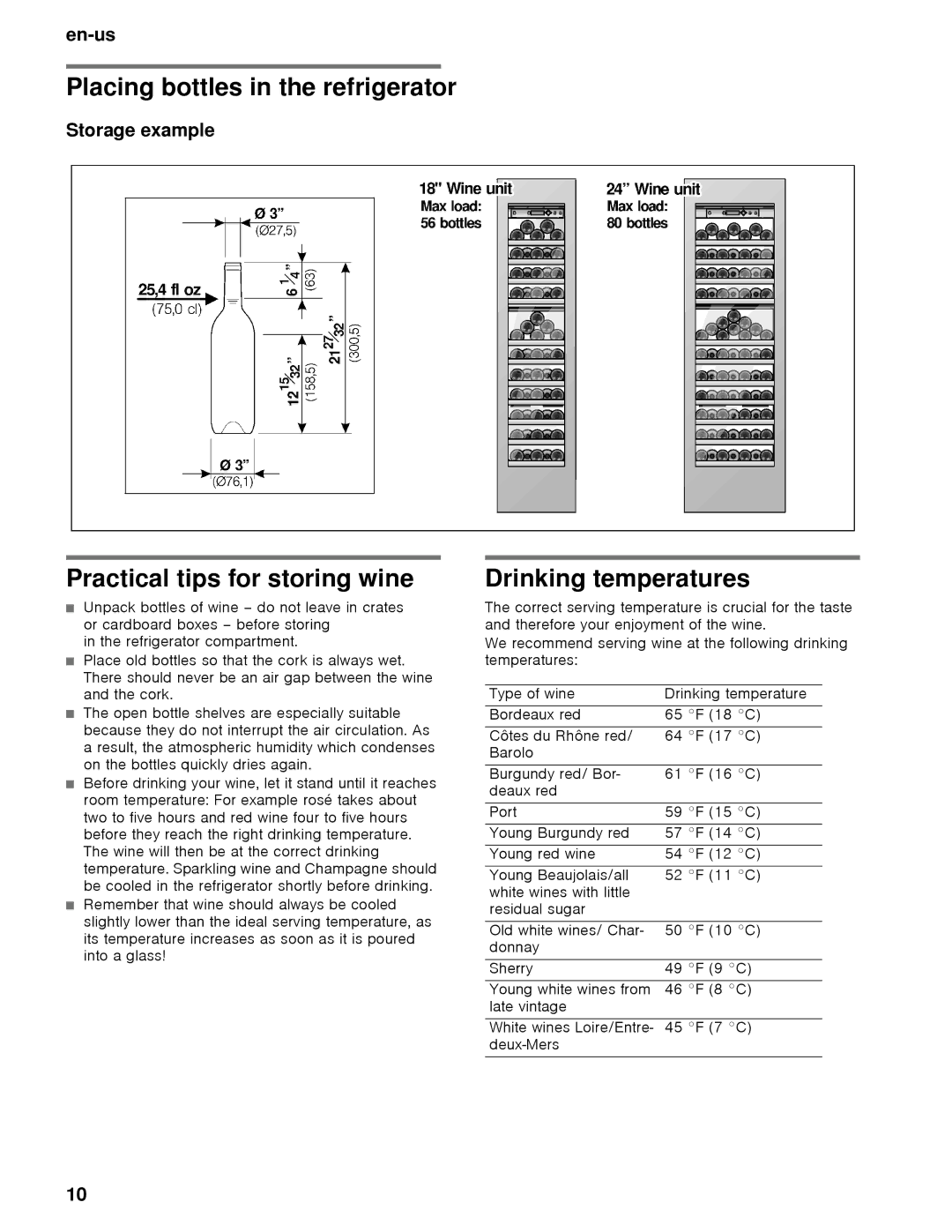 Thermador T24IW, T18IW manual Placing bottles in the refrigerator, Practical tips for storing wine, Drinking temperatures 