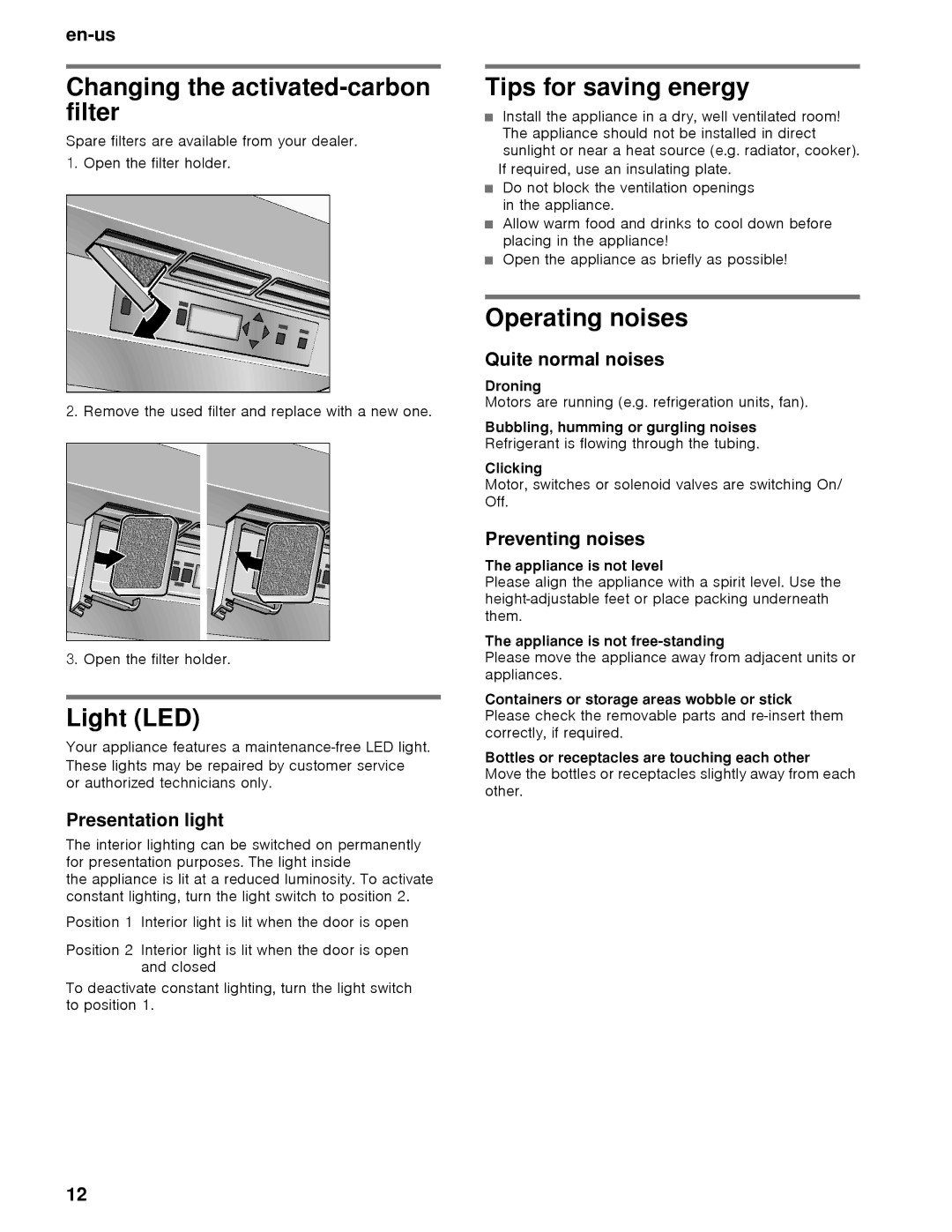 Thermador T24IW, T18IW manual Changing the activated-carbon filter, Light LED, Tips for saving energy, Operating noises 