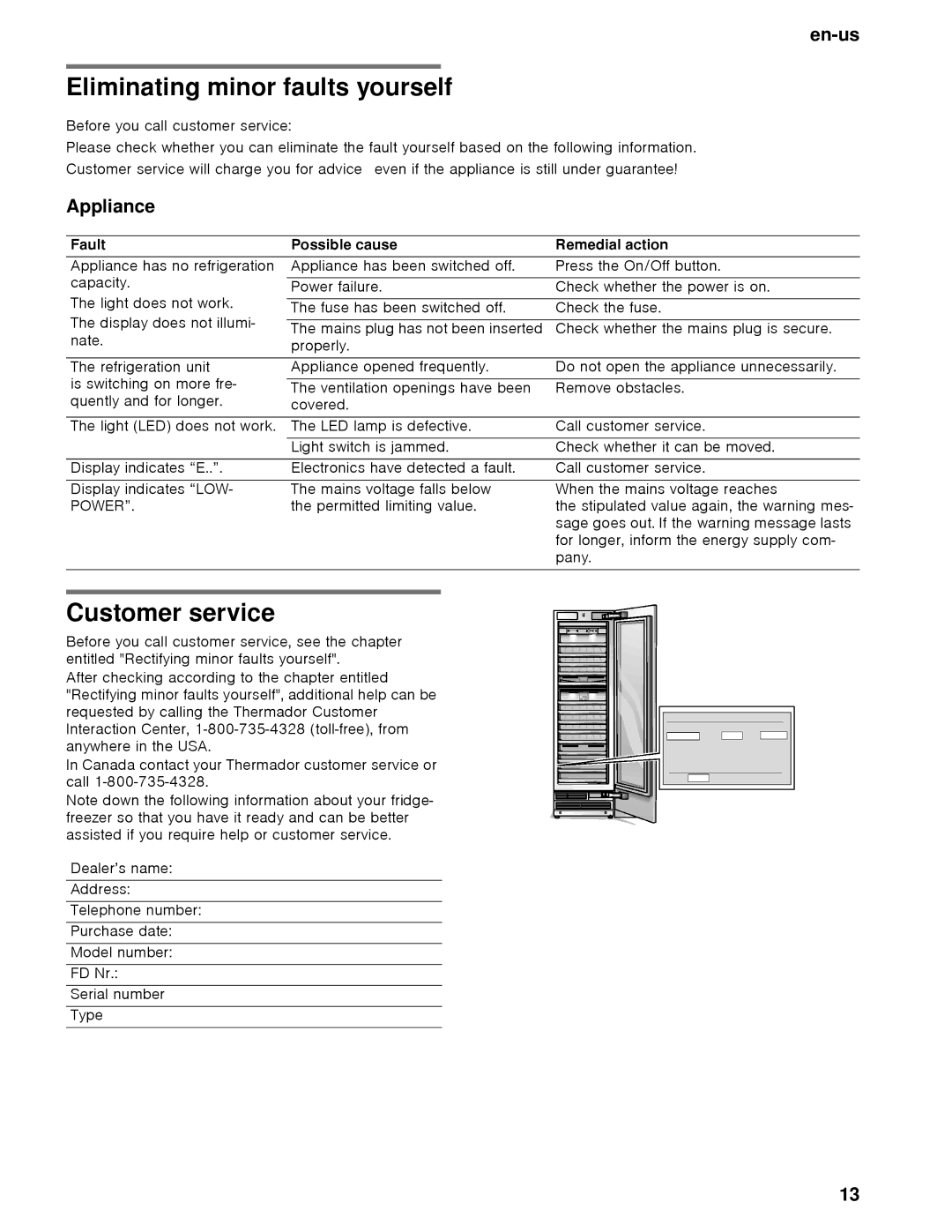 Thermador T18IW manual Eliminating minor faults yourself, Customer service, Appliance, Fault Possible cause Remedial action 