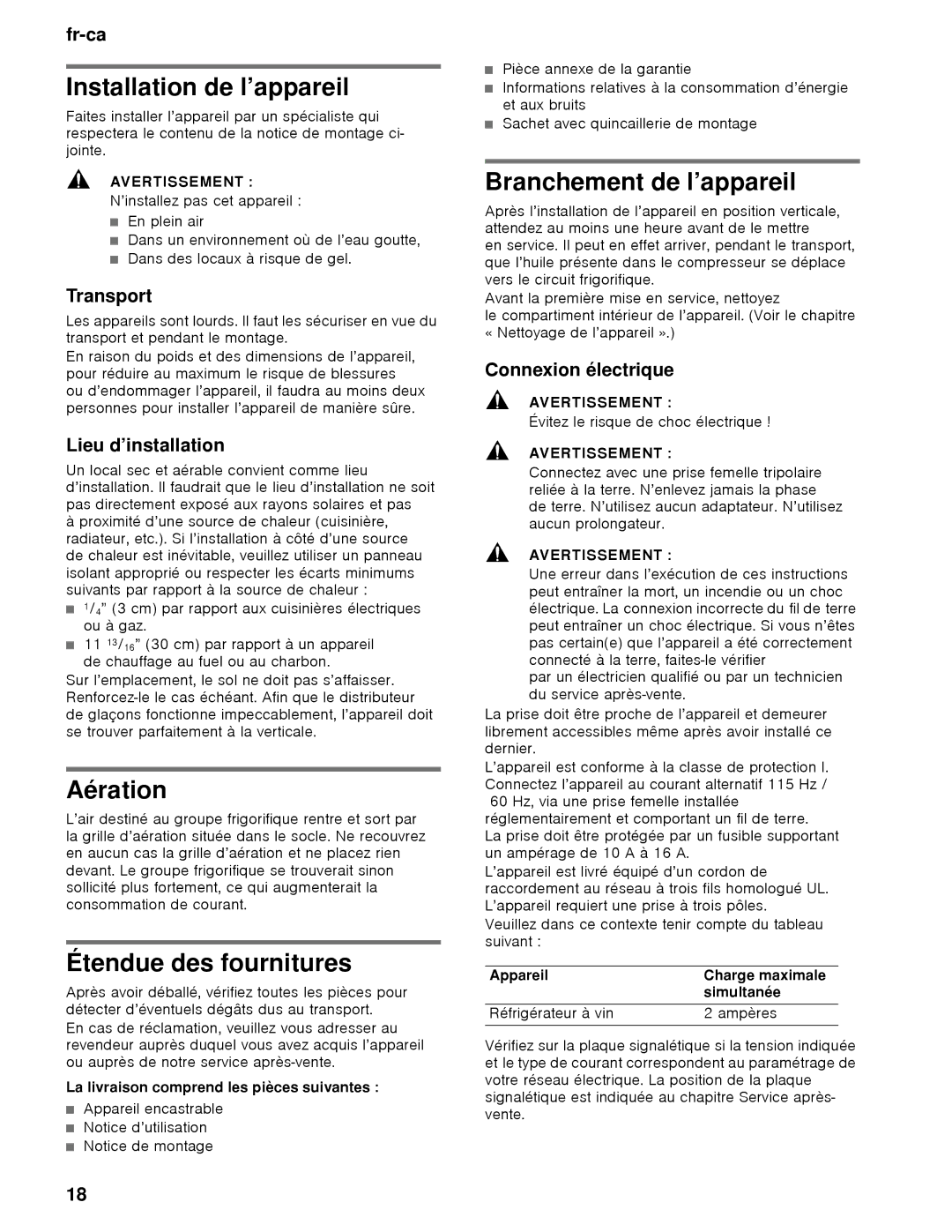 Thermador T24IW, T18IW manual Installation de l’appareil, Aération, Étendue des fournitures, Branchement de l’appareil 