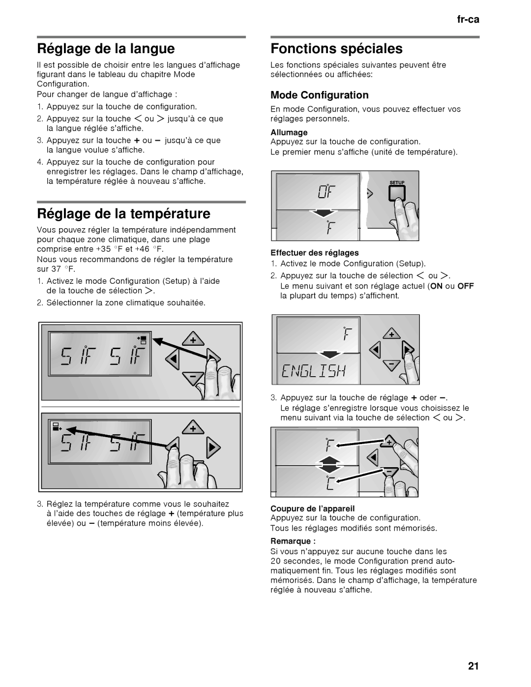 Thermador T18IW, T24IW manual Réglage de la langue, Réglage de la température, Fonctions spéciales, Mode Configuration 