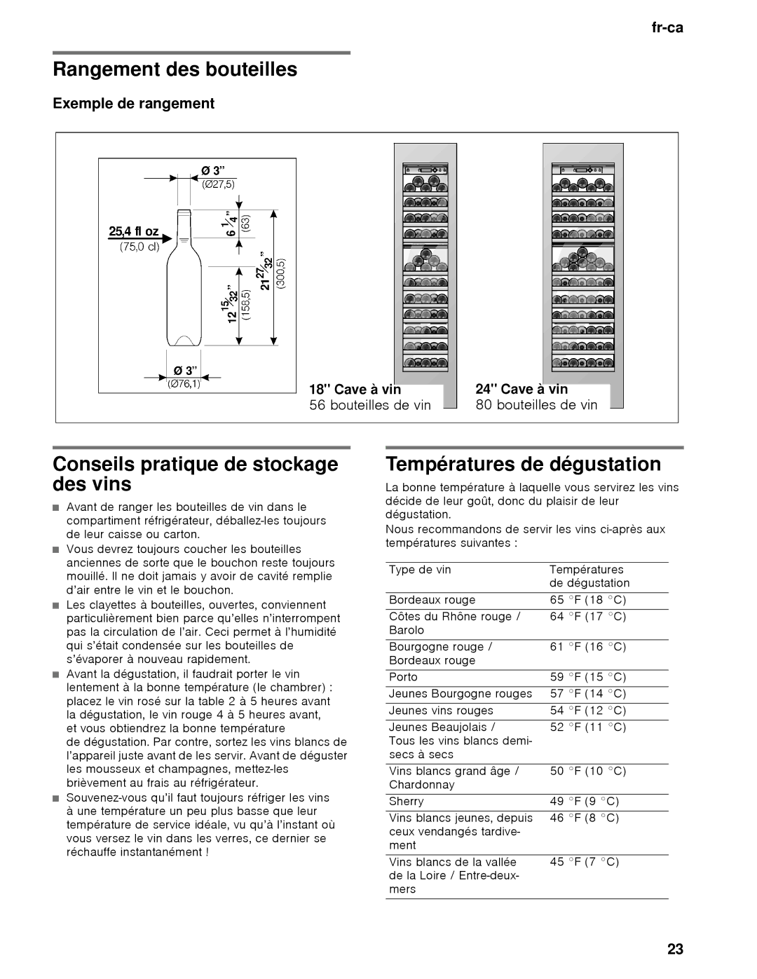 Thermador T18IW, T24IW manual Rangement des bouteilles, Conseils pratique de stockage des vins, Températures de dégustation 