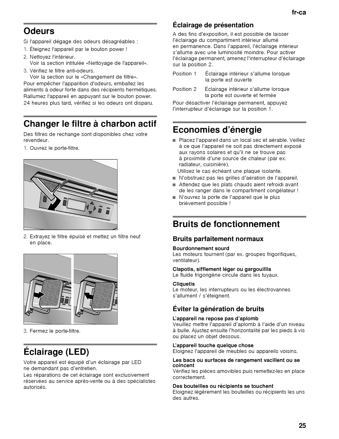 Thermador T18IW Odeurs, Changer le filtre à charbon actif, Éclairage LED, Economies d’énergie, Bruits de fonctionnement 