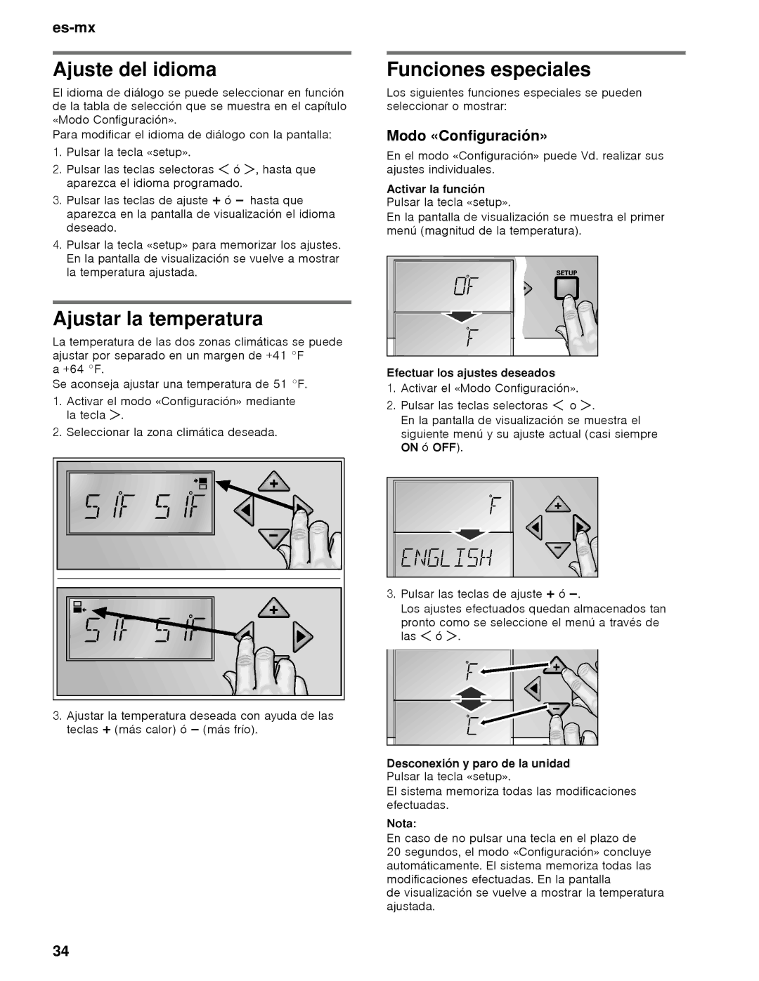 Thermador T24IW, T18IW manual Ajuste del idioma, Ajustar la temperatura, Funciones especiales, Modo «Configuración» 