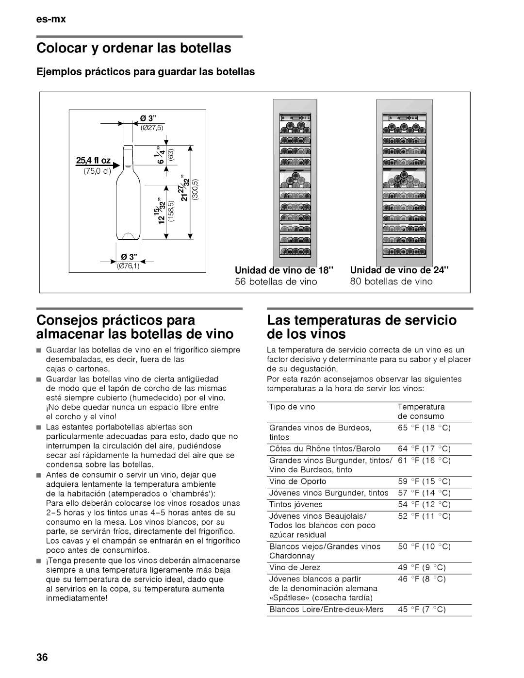 Thermador T24IW, T18IW manual Colocar y ordenar las botellas, Consejos prácticos para almacenar las botellas de vino 