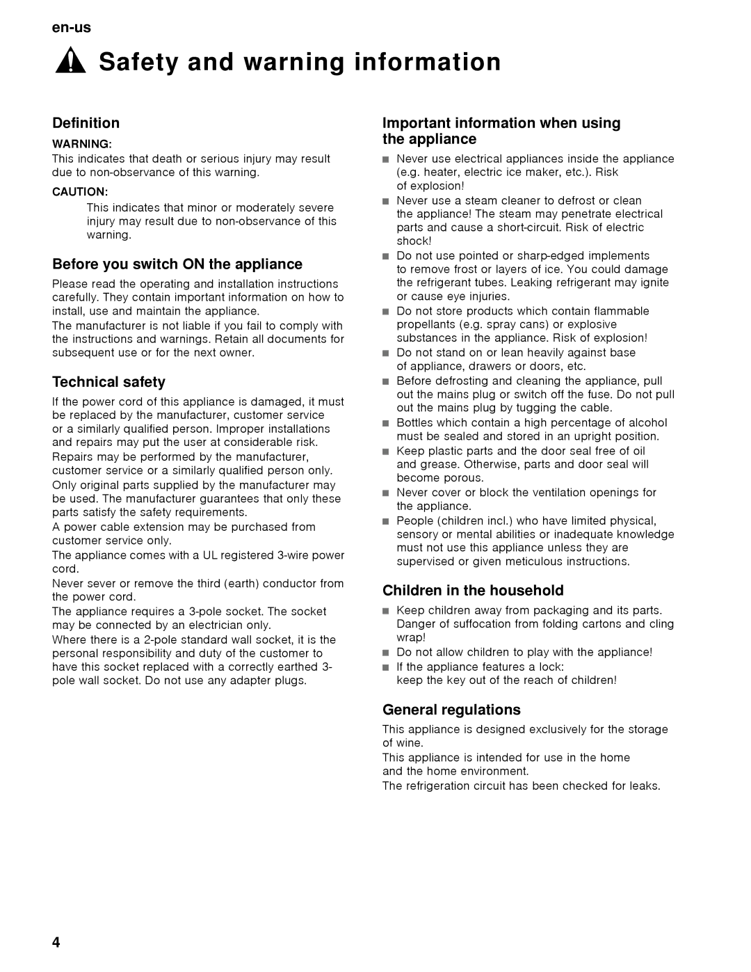 Thermador T24IW, T18IW manual Definition, Before you switch on the appliance, Technical safety, Children in the household 