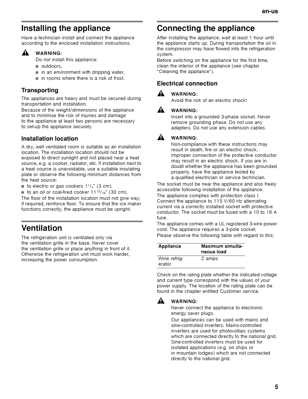 Thermador T18IW, T24IW manual Installing the appliance, Ventilation, Connecting the appliance 