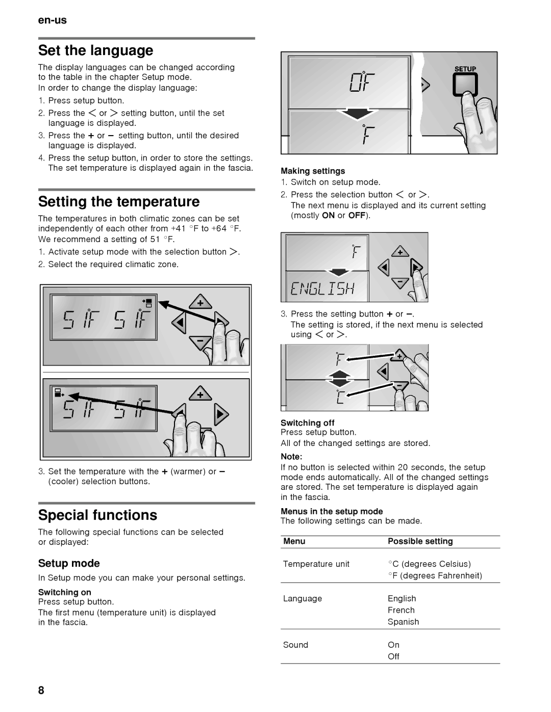 Thermador T24IW, T18IW manual Set the language, Setting the temperature, Special functions, Setup mode 