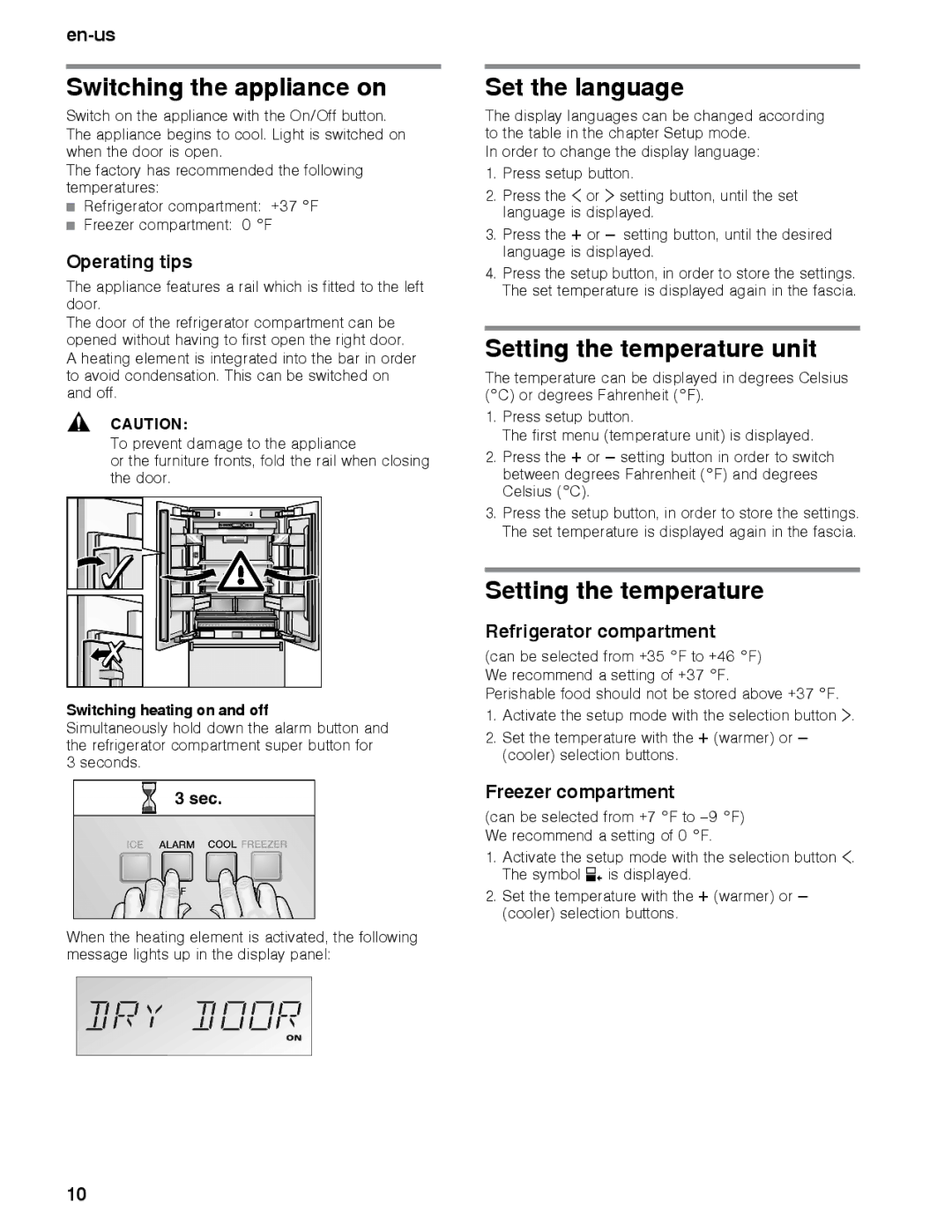 Thermador T36IT, T36BB, T36IB, T30IB, T30BB, T36BT Switching the appliance on, Set the language, Setting the temperature unit 