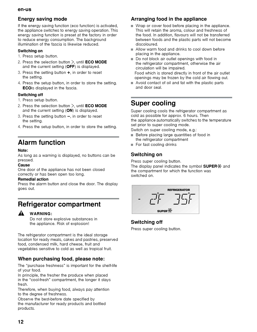 Thermador T36BB, T36IB, T30IB, T30BB, T36IT, T36BT manual Alarm function, Refrigerator compartment, Super cooling 