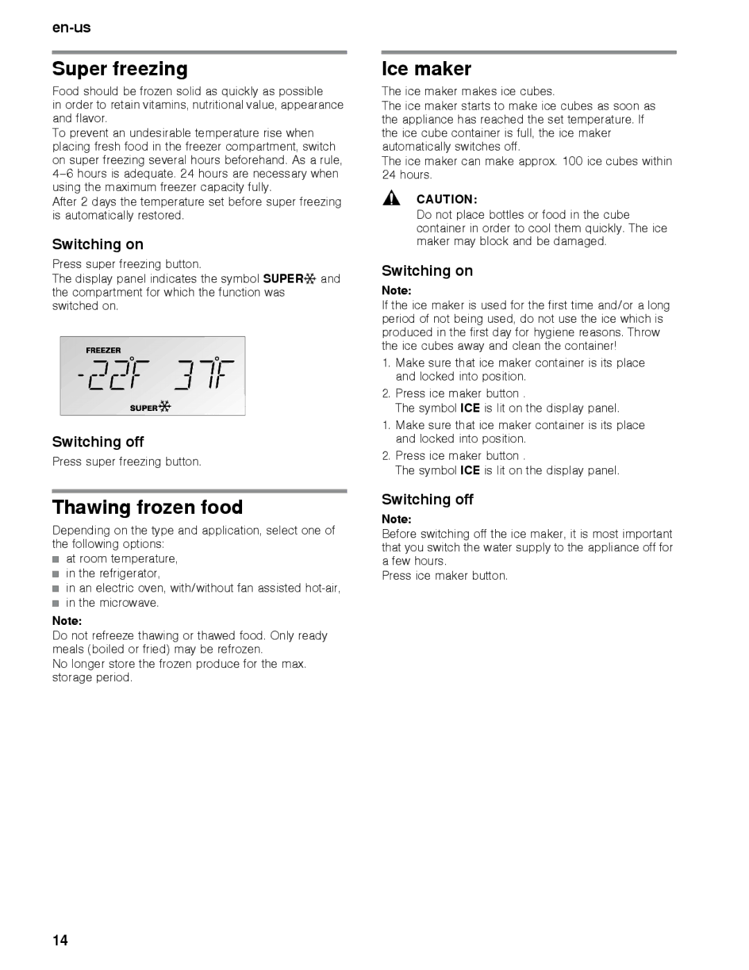 Thermador T30IB, T36BB, T36IB, T30BB, T36IT, T36BT manual Super freezing, Thawing frozen food, Ice maker 