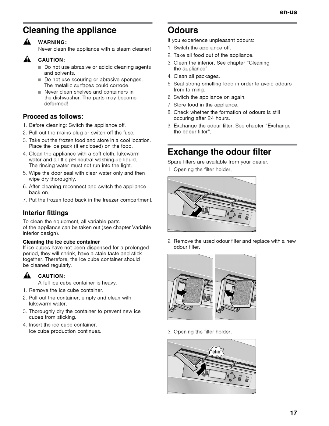 Thermador T36BT, T36BB Cleaning the appliance, Odours, Exchange the odour filter, Proceed as follows, Interior fittings 