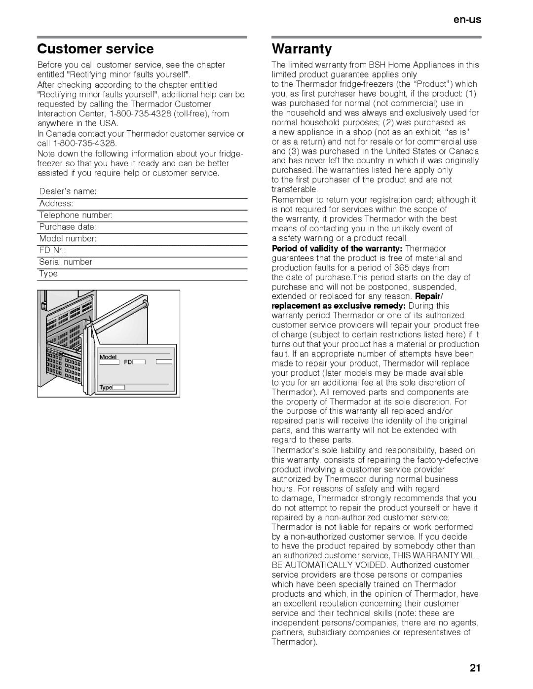 Thermador T30BB, T36BB, T36IB, T30IB, T36IT, T36BT manual Customer service, Warranty 