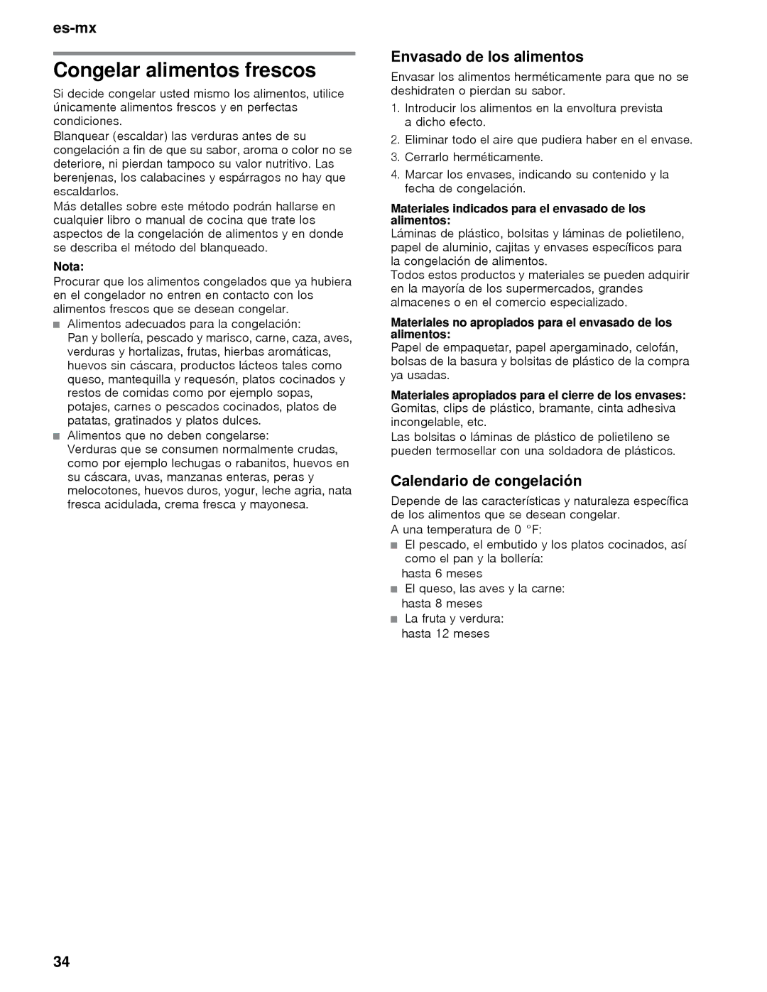 Thermador T36IT, T36BB, T36IB, T30IB, T30BB Congelar alimentos frescos, Envasado de los alimentos, Calendario de congelación 