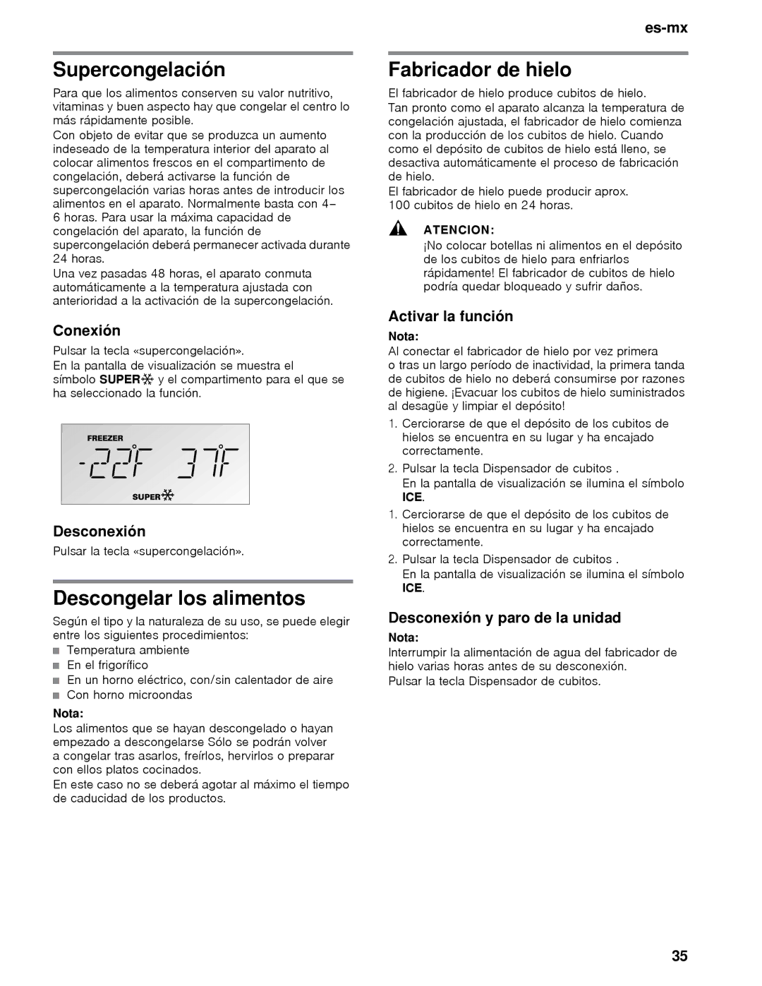 Thermador T36BT, T36BB, T36IB, T30IB Supercongelación, Descongelar los alimentos, Fabricador de hielo, Conexión, Desconexión 