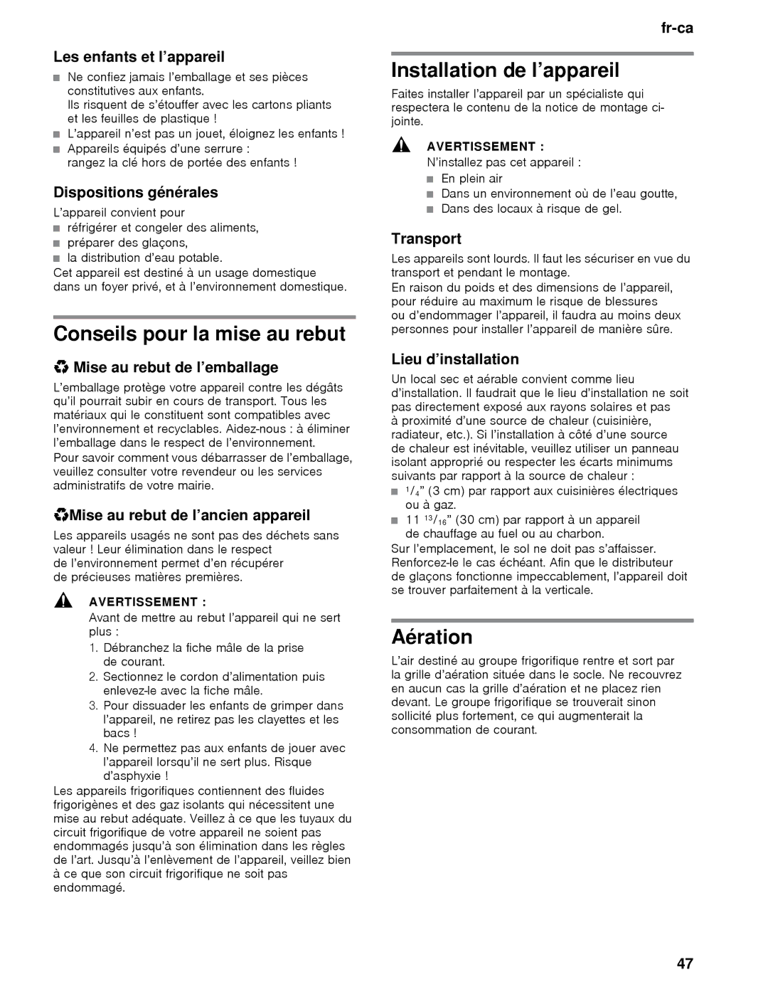 Thermador T36BT, T36BB, T36IB, T30IB, T30BB, T36IT manual Conseils pour la mise au rebut, Installation de l’appareil, Aération 