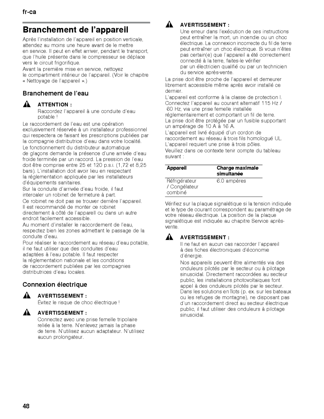 Thermador T36BB, T36IB, T30IB, T30BB, T36IT, T36BT manual Branchement de l’appareil, Branchement de l’eau, Connexion électrique 