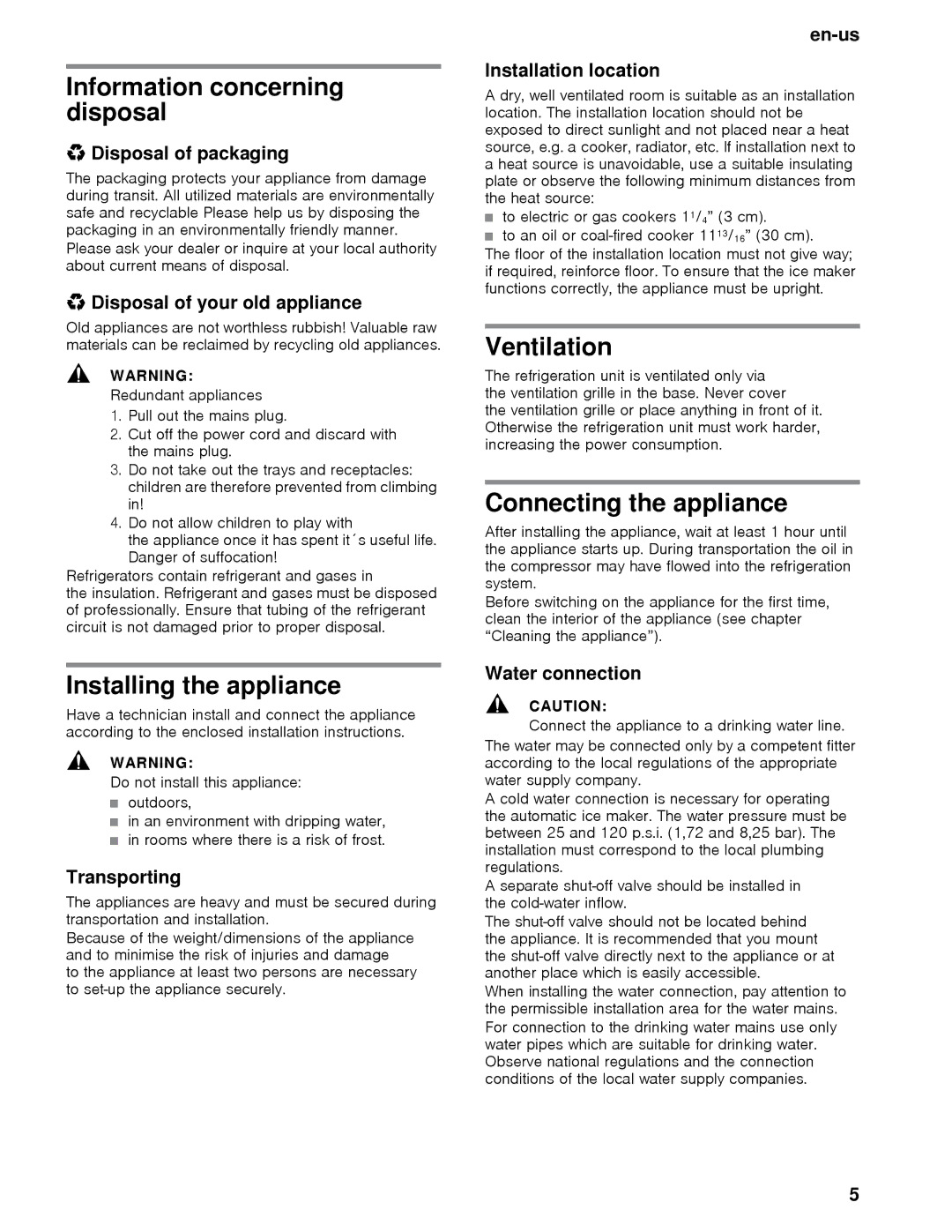 Thermador T36BT, T36BB Information concerning disposal, Installing the appliance, Ventilation, Connecting the appliance 